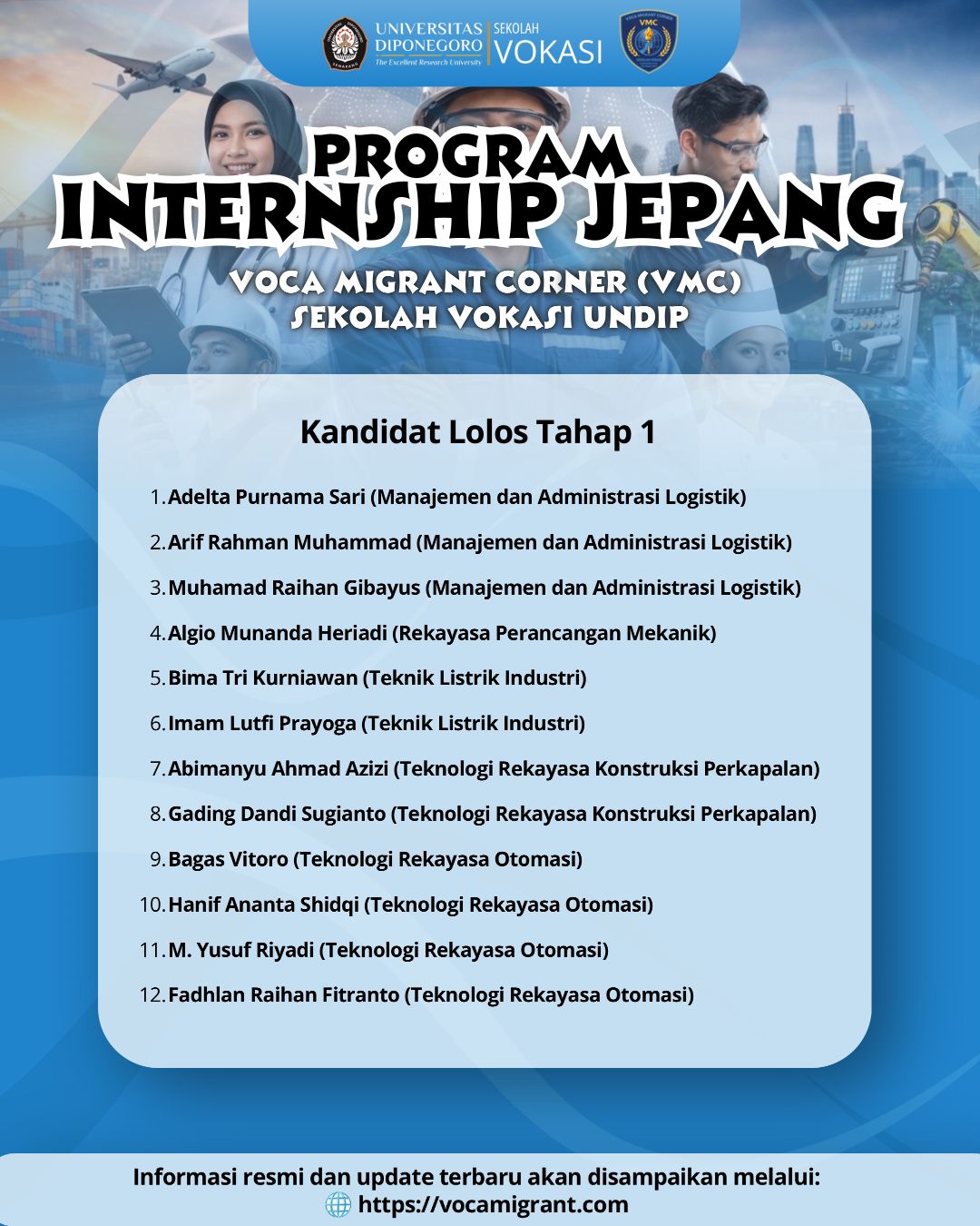 Kandidat Lolos Tahap 1 Program Internship Jepang VMC Sekolah Vokasi UNDIP Resmi Diumumkan